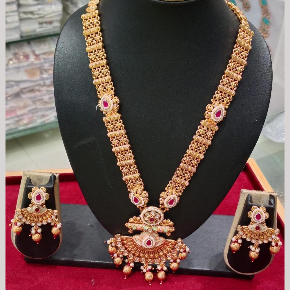Manisha Jewellery Gold Plated Pota Stone And Pearls Meenakari Long Necklace Set