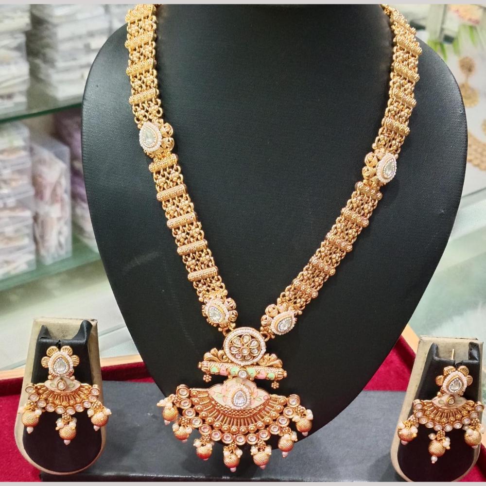 Manisha Jewellery Gold Plated Pota Stone And Pearls Meenakari Long Necklace Set