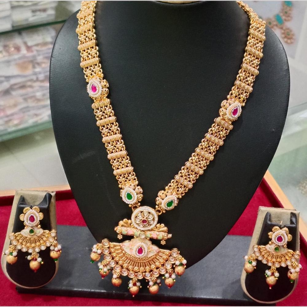 Manisha Jewellery Gold Plated Pota Stone And Pearls Meenakari Long Necklace Set