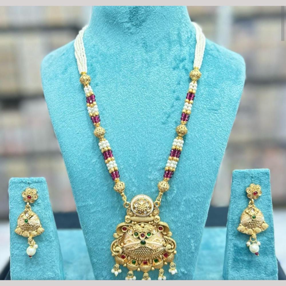 Manisha Jewellery Gold Plated Pota Stone And Pearls Long Necklace Set