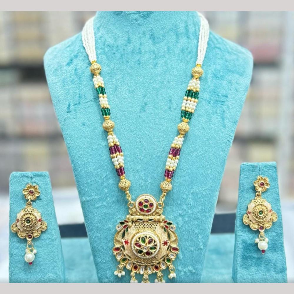 Manisha Jewellery Gold Plated Pota Stone And Pearls Long Necklace Set