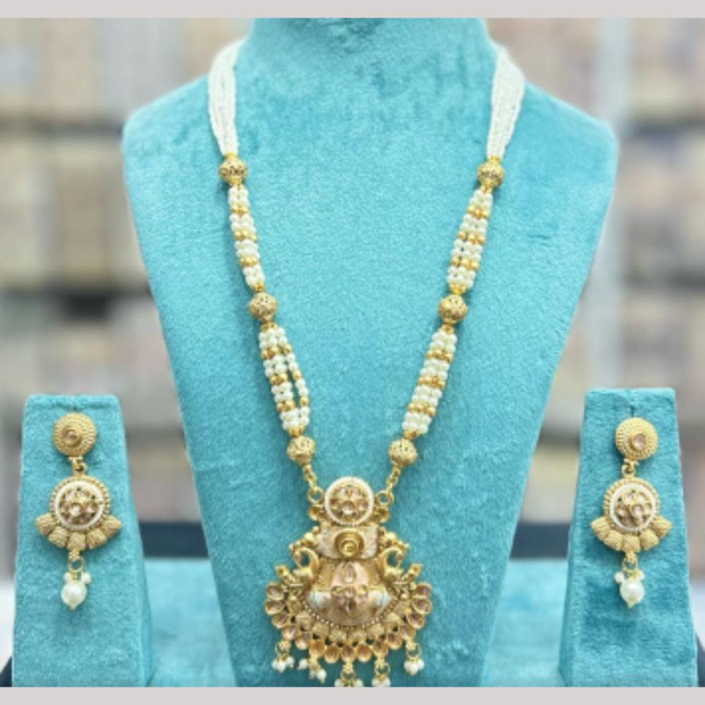 Manisha Jewellery Gold Plated Pota Stone And Pearls Long Necklace Set