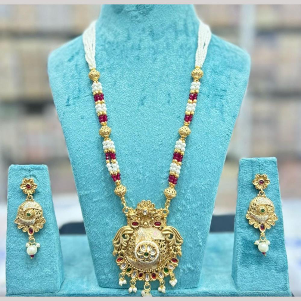 Manisha Jewellery Gold Plated Pota Stone And Pearls Long Necklace Set