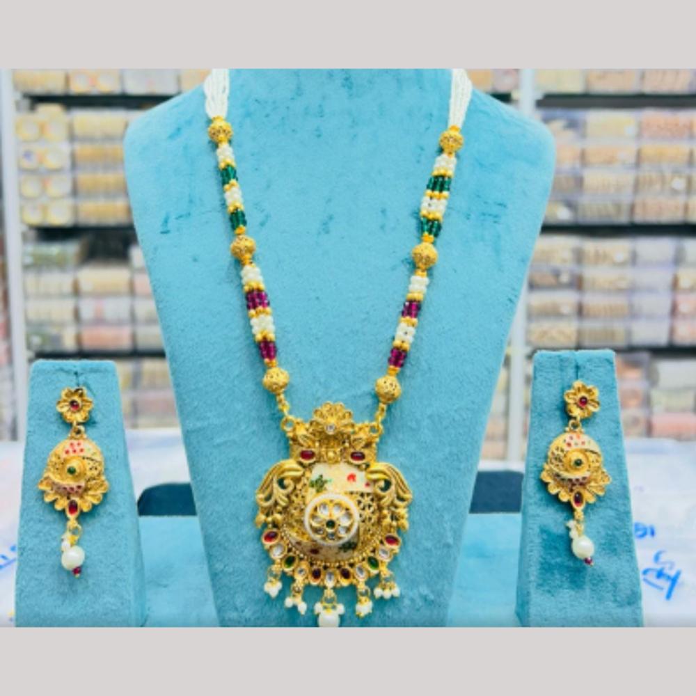 Manisha Jewellery Gold Plated Pota Stone And Pearls Long Necklace Set