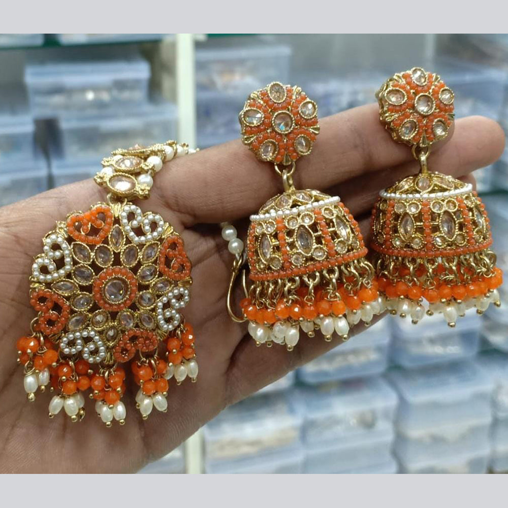 Manisha Jewellery Gold Plated Crystal Stone And Beads Jhumki Earrings With Maangtikka