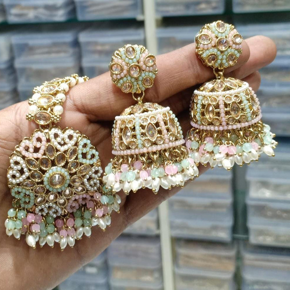 Manisha Jewellery Gold Plated Crystal Stone And Beads Jhumki Earrings With Maangtikka