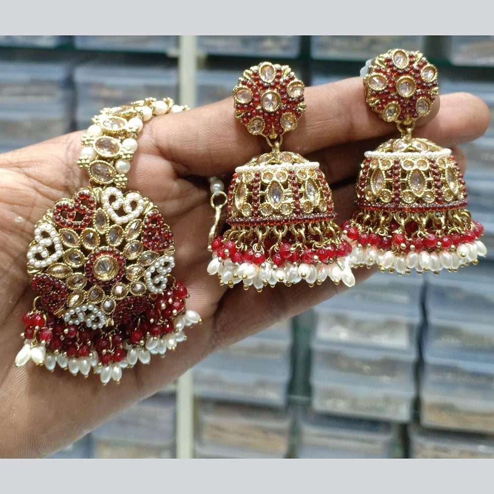 Manisha Jewellery Gold Plated Crystal Stone And Beads Jhumki Earrings With Maangtikka
