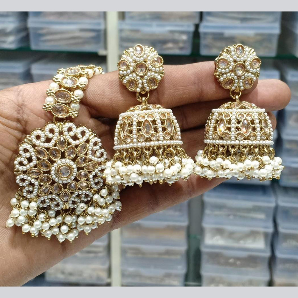 Manisha Jewellery Gold Plated Crystal Stone And Beads Jhumki Earrings With Maangtikka
