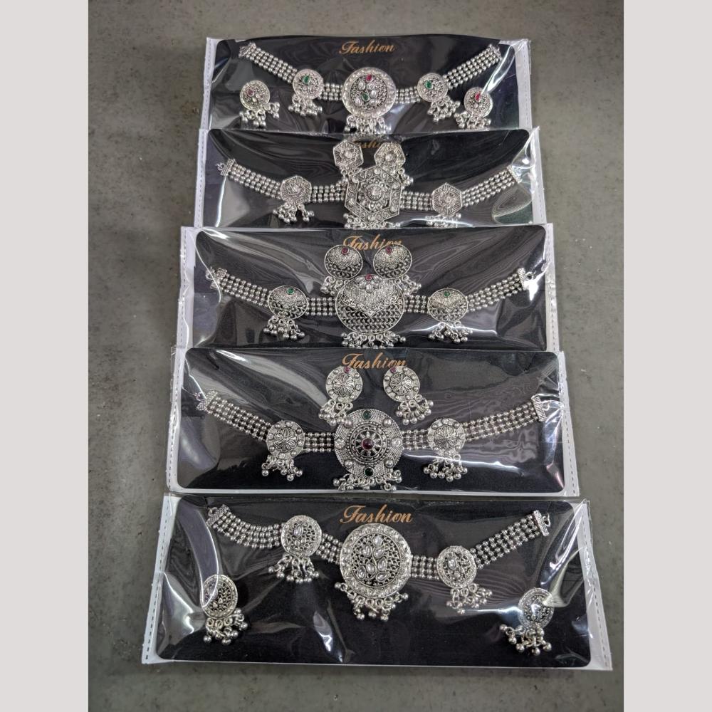 Manisha Jewellery Oxidized Plated Pota Stone Necklace Set (Assorted Design) (One Piece Only)