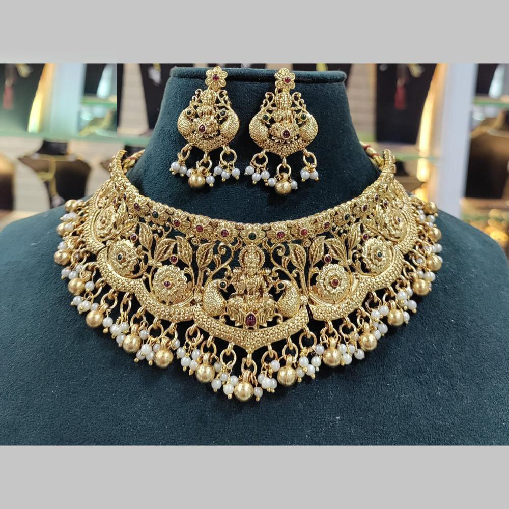 Manisha Jewellery Gold Plated Pota Stone And Pearls Temple Choker Necklace Set