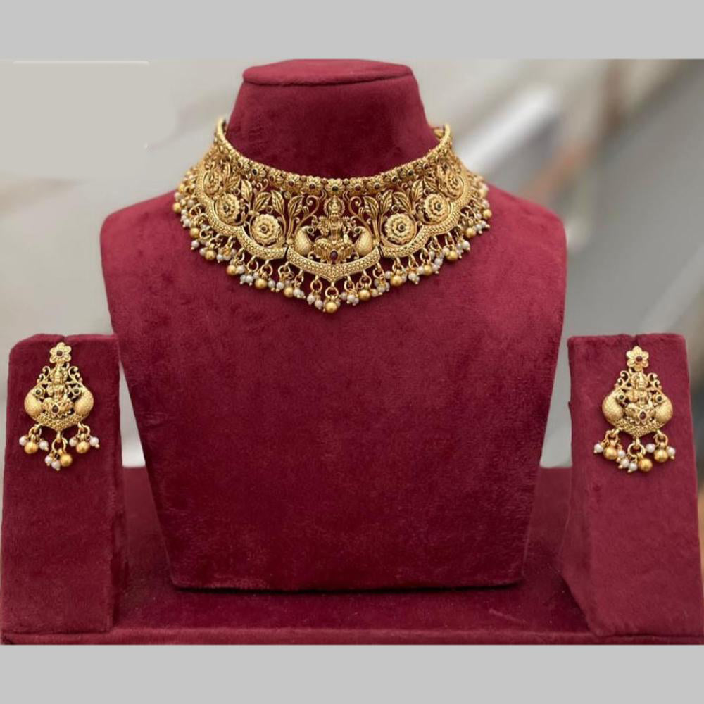 Manisha Jewellery Gold Plated Pota Stone And Pearls Temple Choker Necklace Set