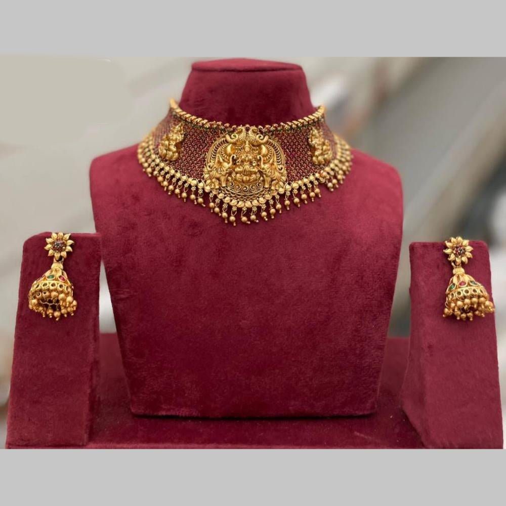 Manisha Jewellery Gold Plated Pota Stone And Beads Temple Choker Necklace Set