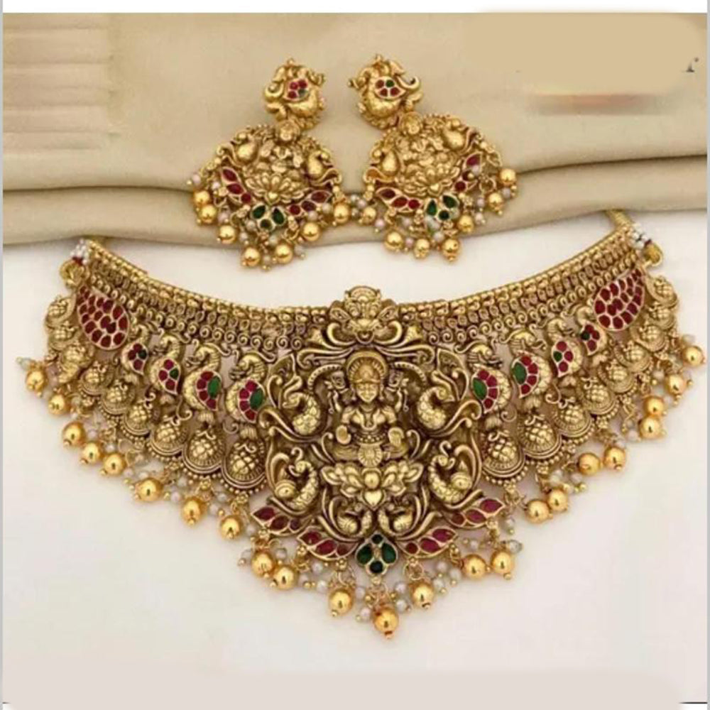 Manisha Jewellery Gold Plated Pota Stone And Beads Temple Choker Necklace Set