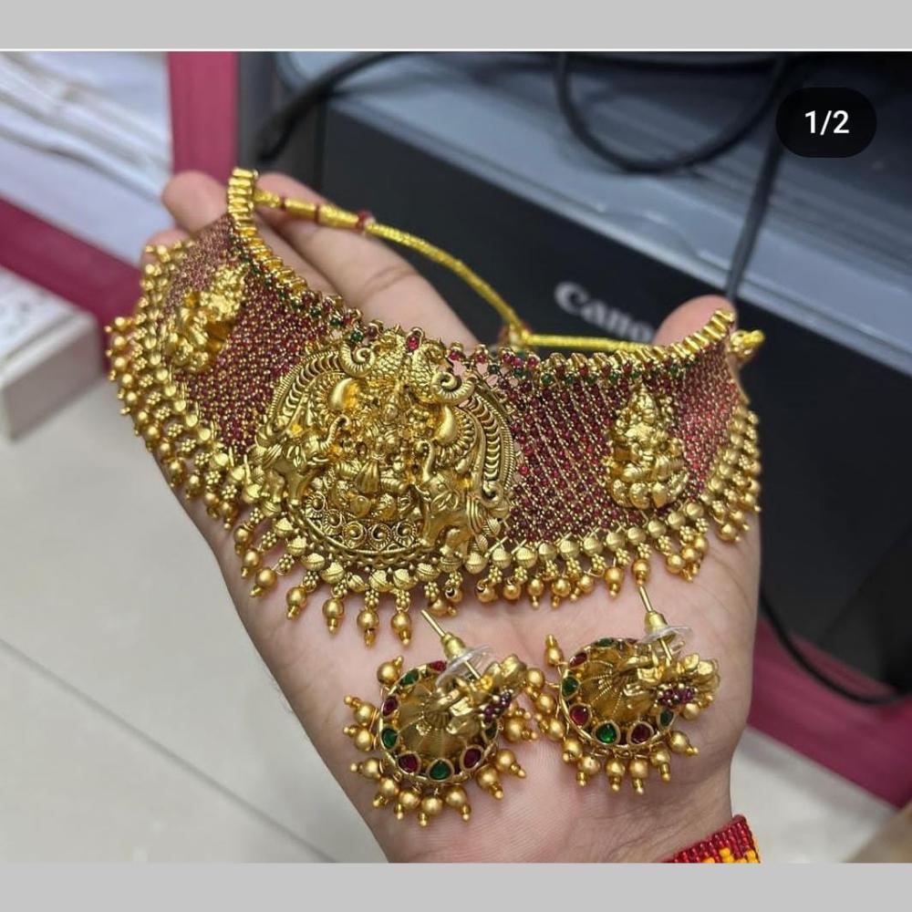 Manisha Jewellery Gold Plated Pota Stone And Beads Temple Choker Necklace Set