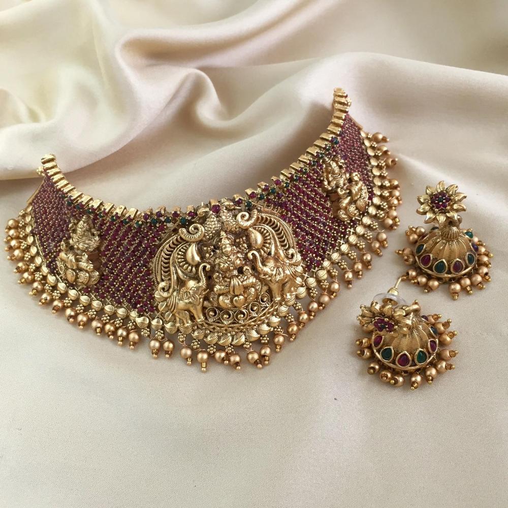 Manisha Jewellery Gold Plated Pota Stone And Beads Temple Choker Necklace Set