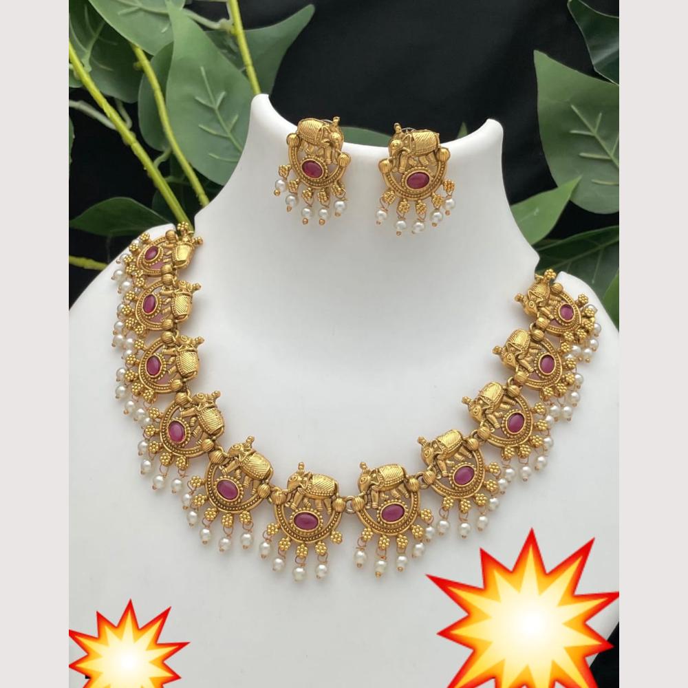 Manisha Jewellery Royal Elephant Design Pota Stone And Pearl Necklace Set