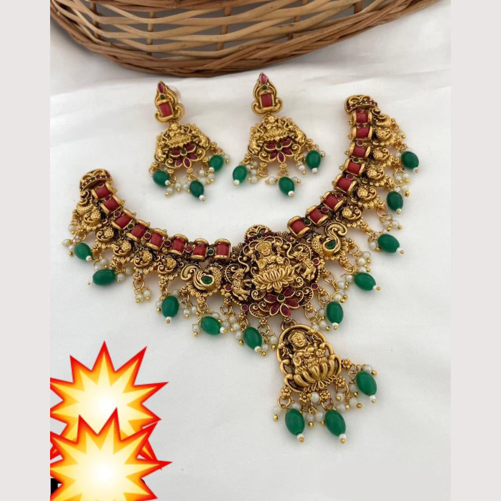 Manisha Jewellery Antique Adorned Pota Stone And Pearls Temple Necklace Set