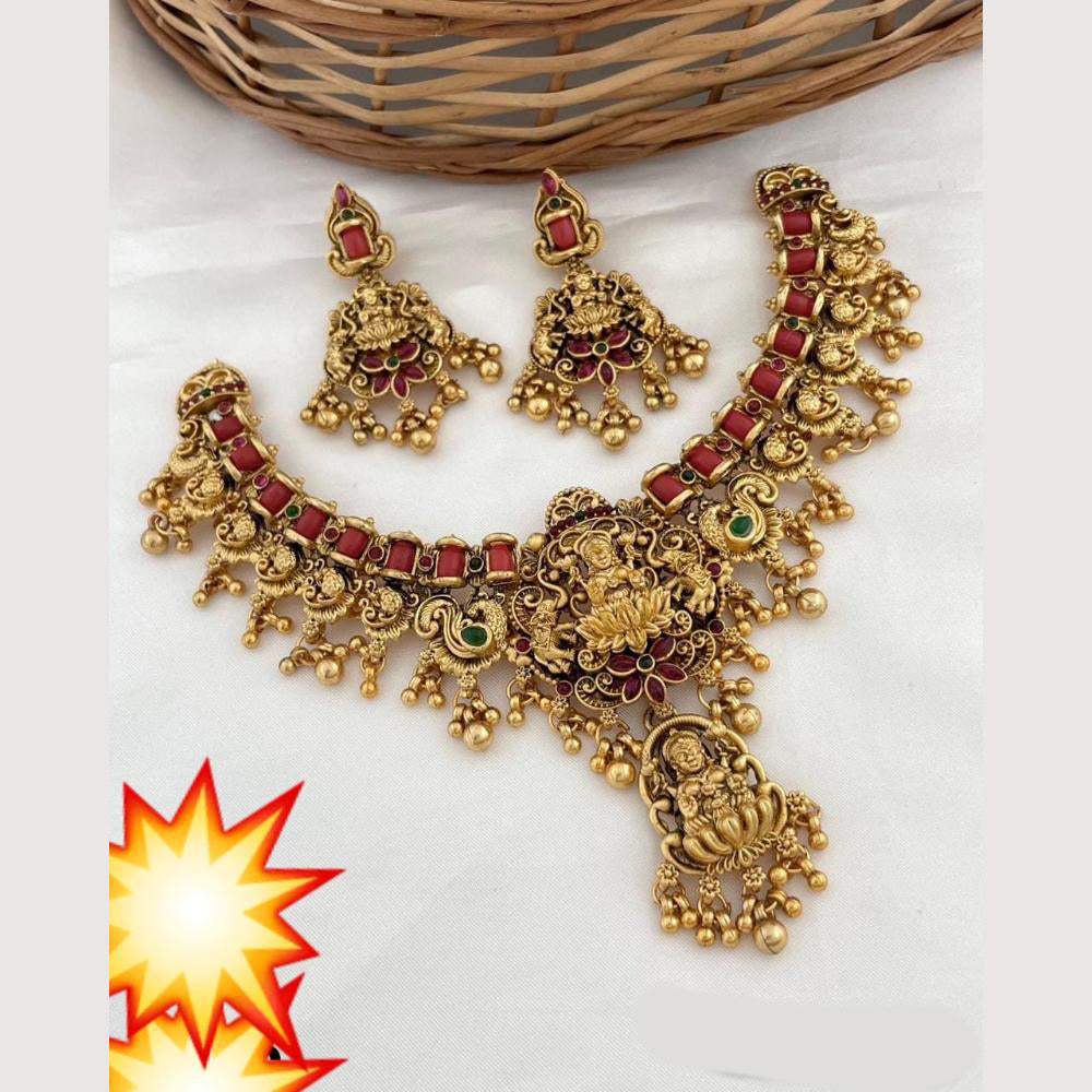Manisha Jewellery Antique Adorned Pota Stone And Pearls Temple Necklace Set