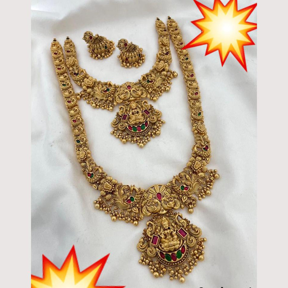 Manisha Jewellery Antique Adorned Pota Stone And Pearls Temple Double Necklace Set