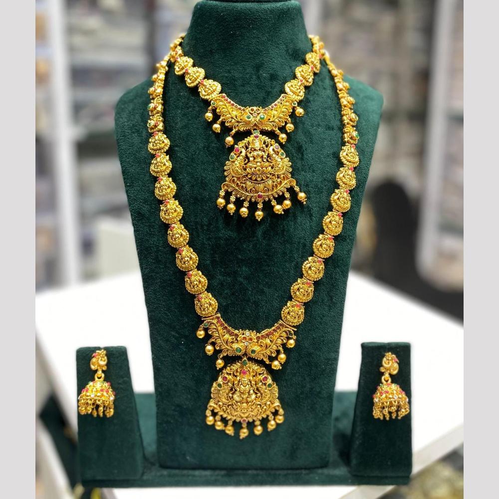 Manisha Jewellery Elegance Sparkle Gold Plated Pota Stone And Pearl Temple Double Necklace Set