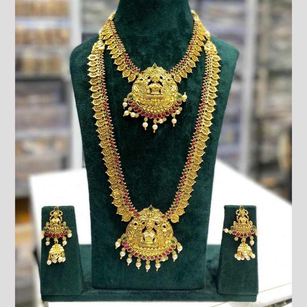 Manisha Jewellery Elegance Sparkle Gold Plated Pota Stone And Pearl Temple Double Necklace Set