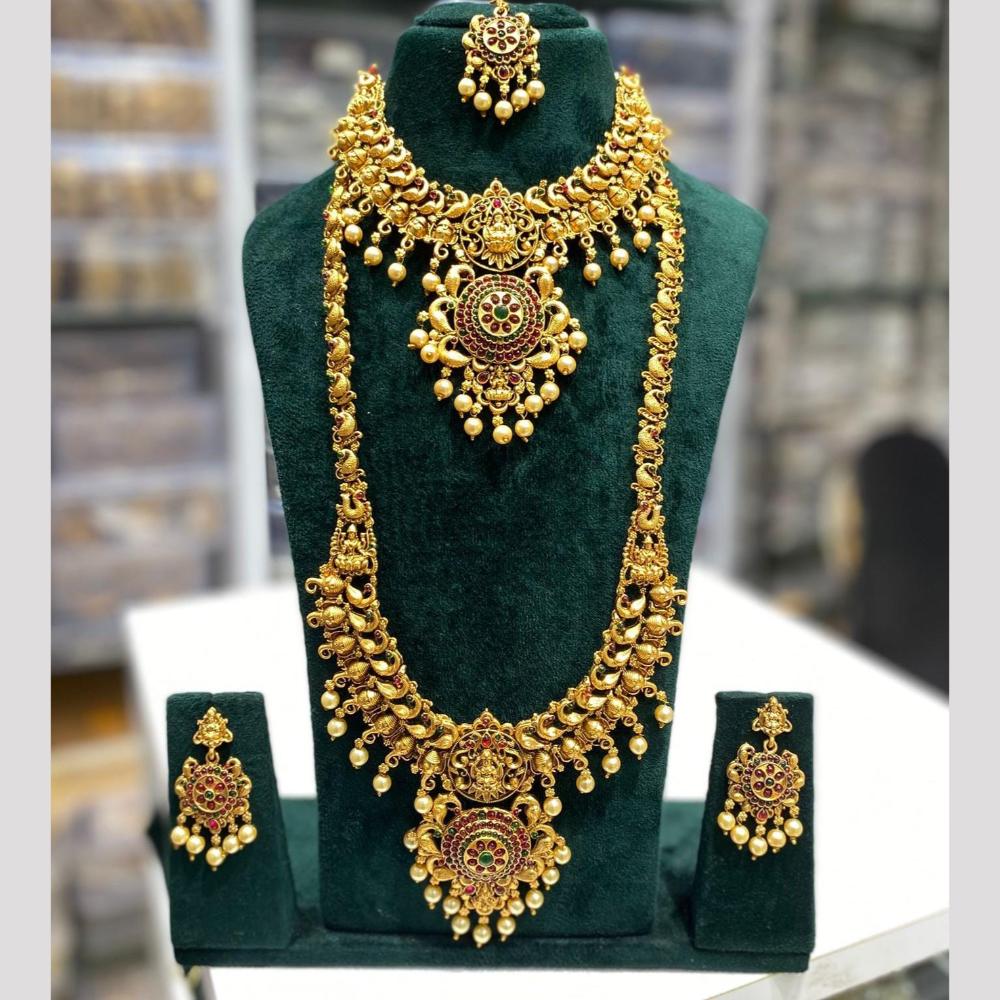 Manisha Jewellery Elegance Sparkle Gold Plated Pota Stone And Pearl Temple Double Necklace Set