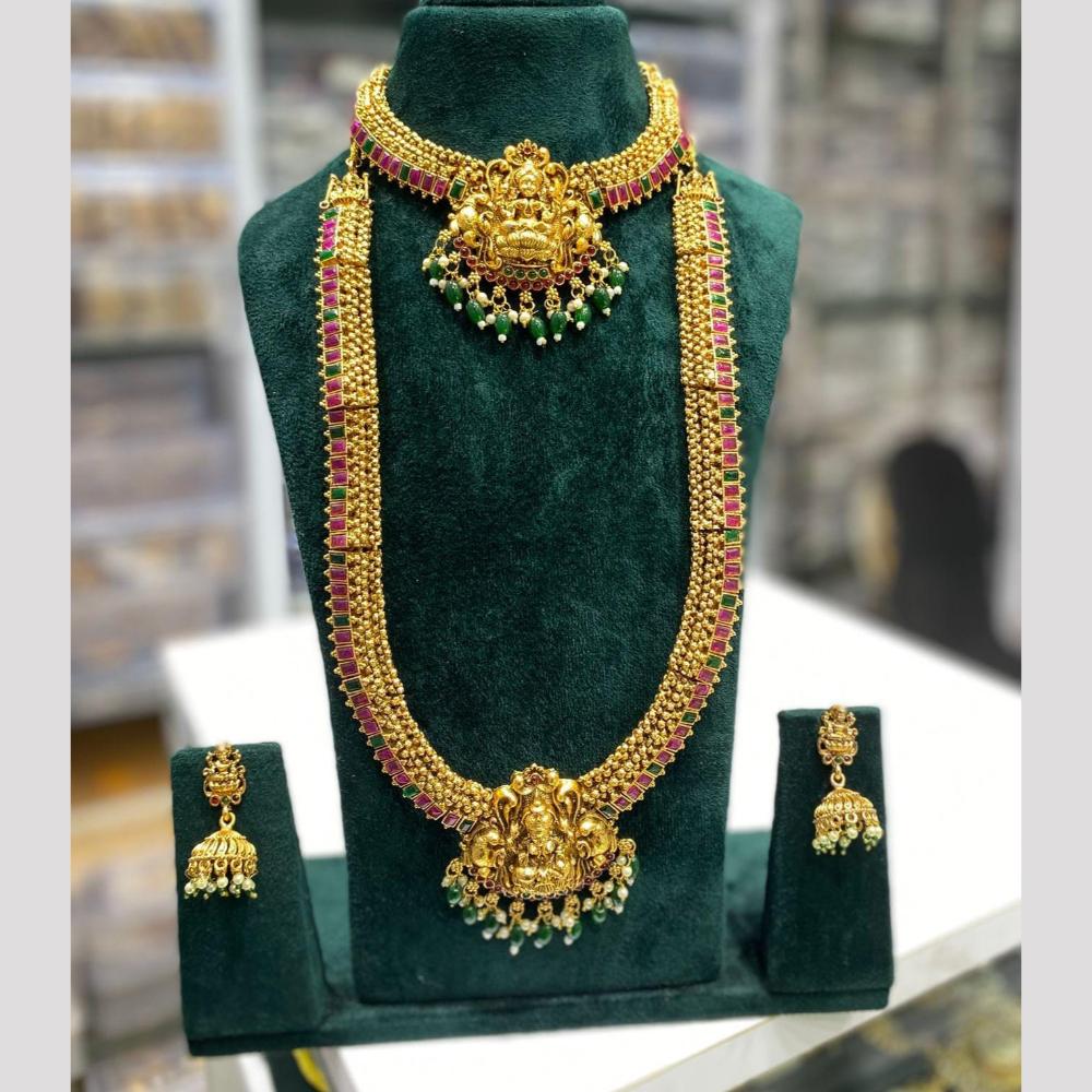 Manisha Jewellery Elegance Sparkle Gold Plated Pota Stone And Pearl Temple Double Necklace Set