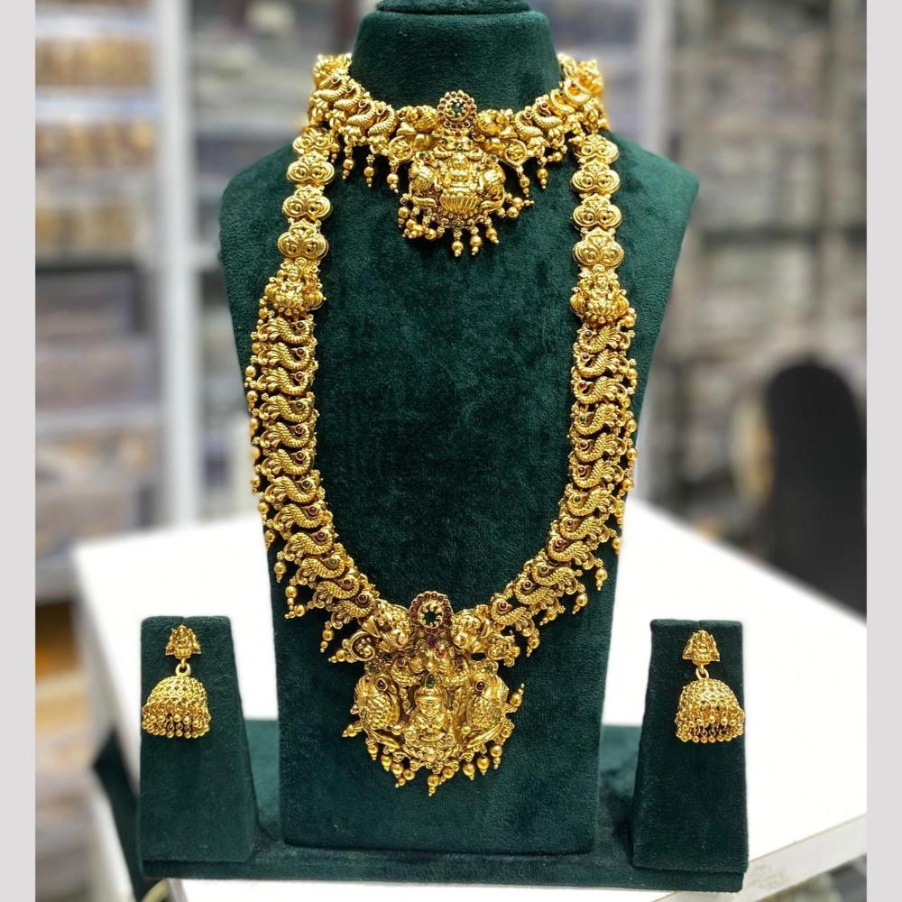 Manisha Jewellery Elegance Sparkle Gold Plated Pota Stone And Pearl Temple Double Necklace Set
