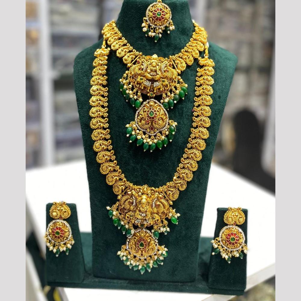Manisha Jewellery Elegance Sparkle Gold Plated Pota Stone And Pearl Temple Double Necklace Set