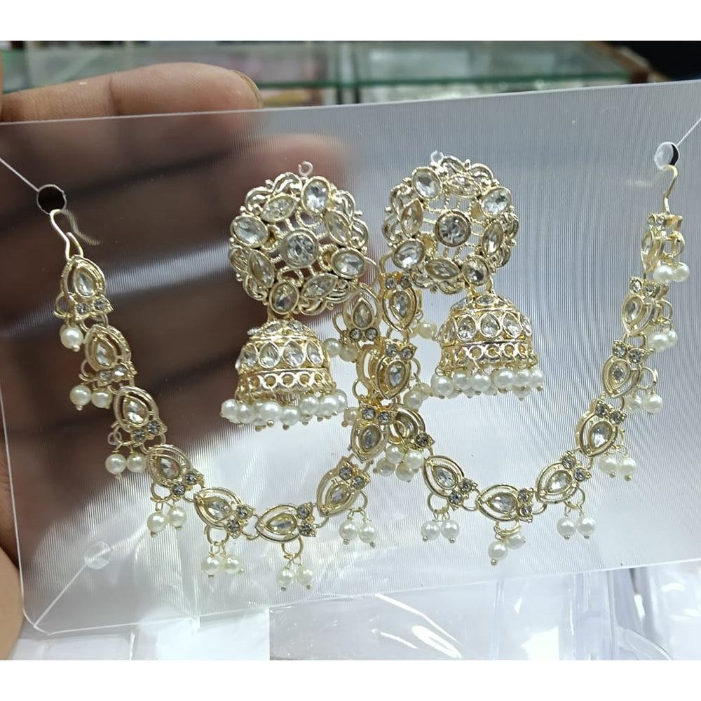 Manisha Jewellery Grand Kundan Stone And Pearl Jhumki Earrings With Kanchain