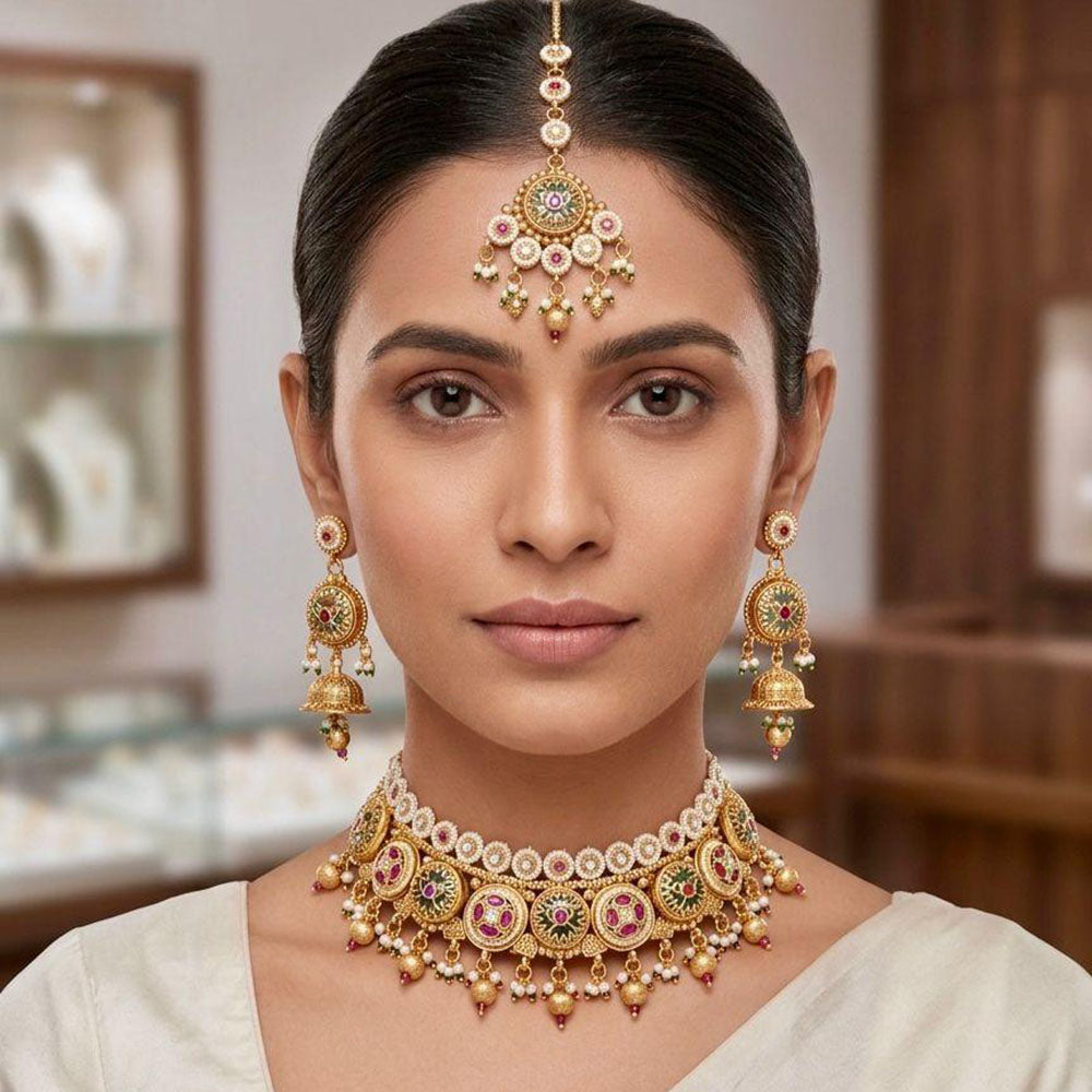 Manisha Jewellery Premium Pota Stone And Pearl Choker Necklace Set
