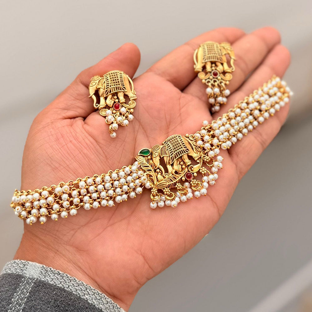Manisha Jewellery Statement Pota Stone And Pearl Elephant Design Choker Necklace Set