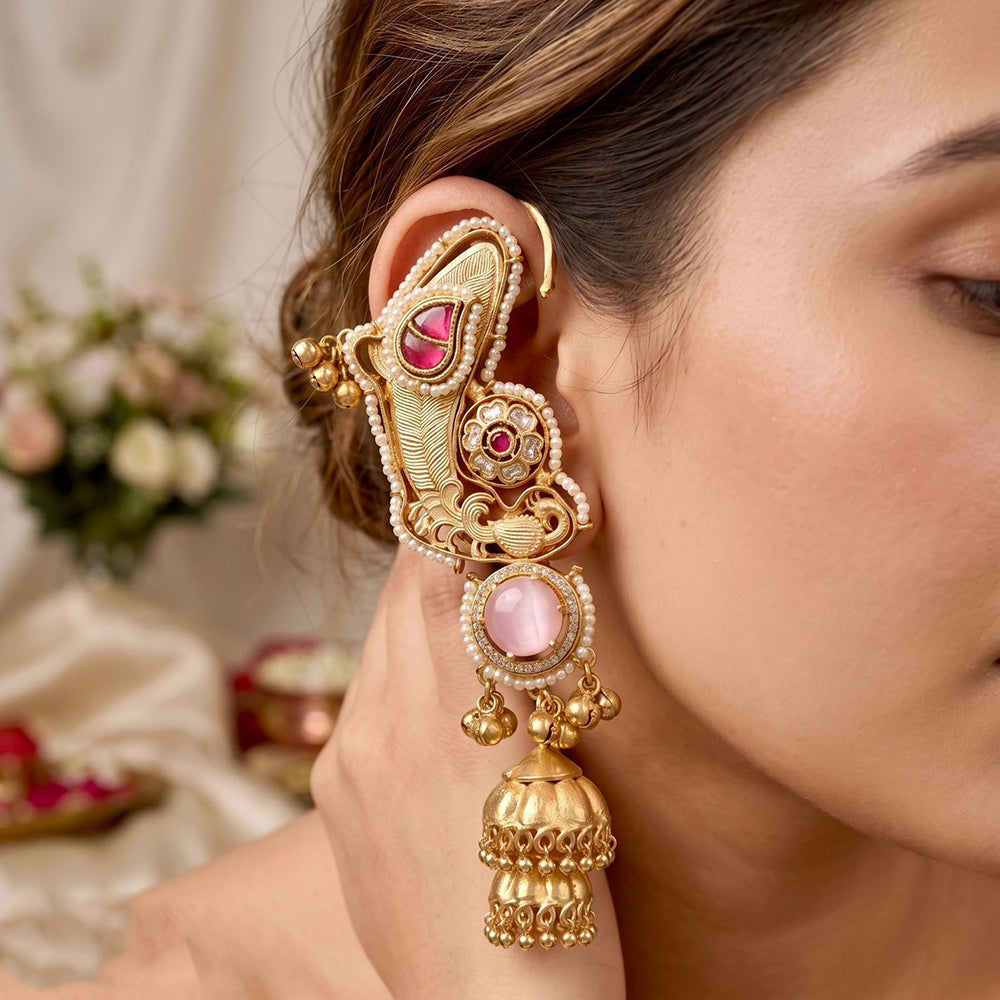 Manisha Jewellery Designer Earcuff Jhumki Earrings With Sparkling Pota Stone And Pearl