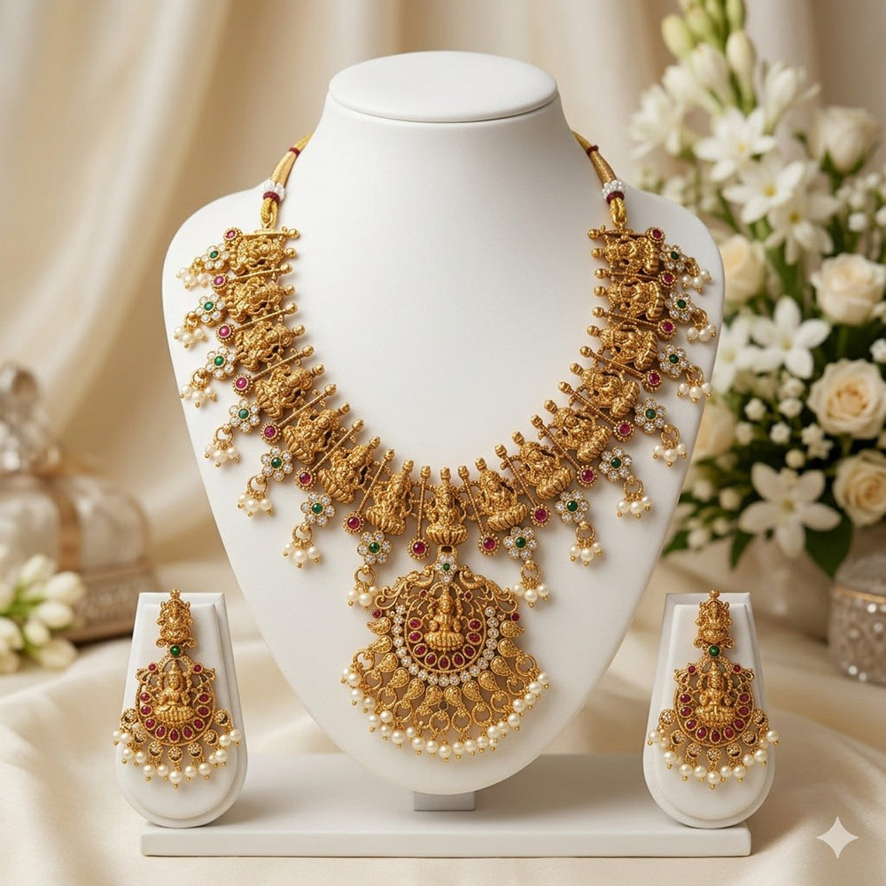 Manisha Jewellery Elegant Pota Stone And Pearl Temple Necklace Set