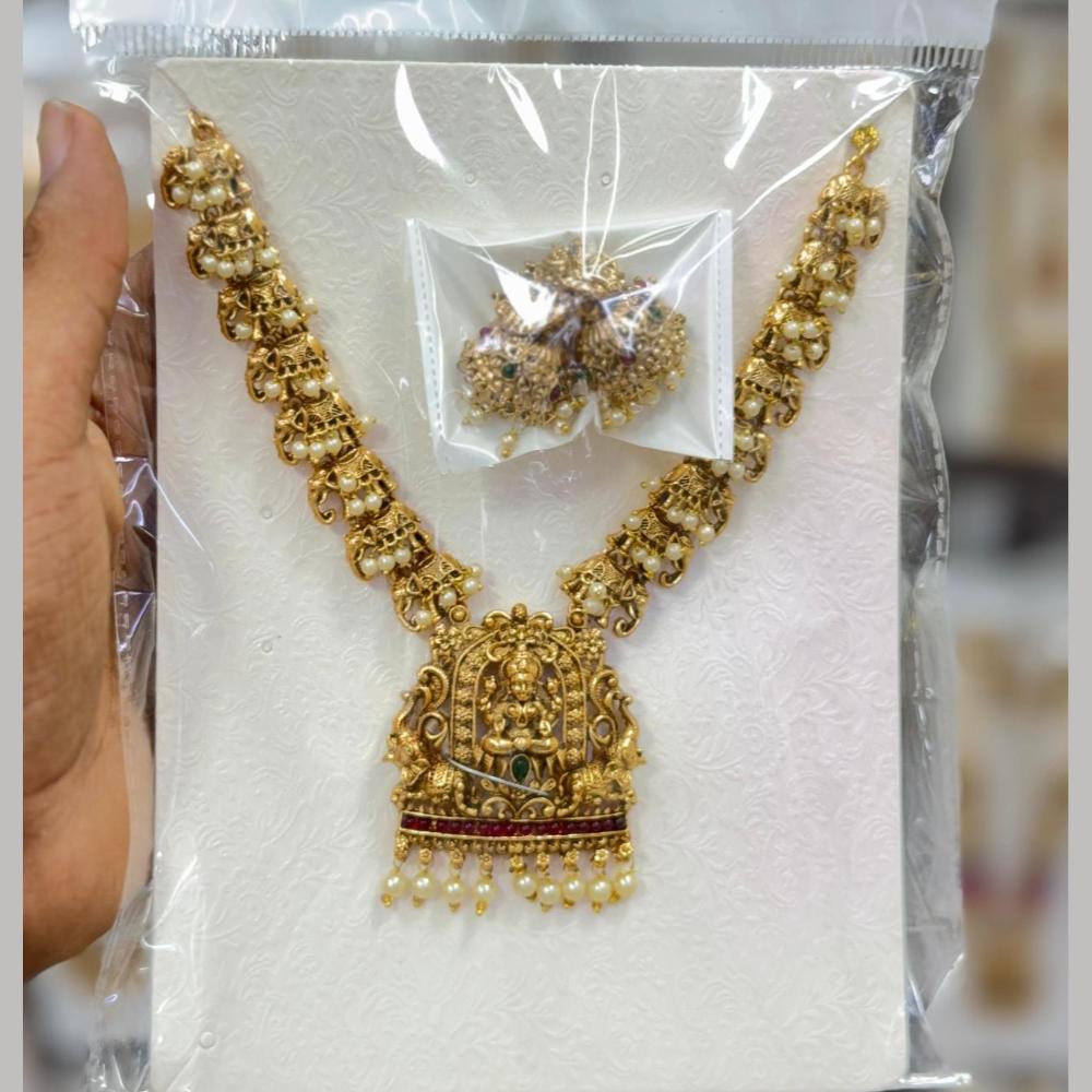 Manisha Jewellery Premium Pota Stone And Pearl Temple Necklace Set