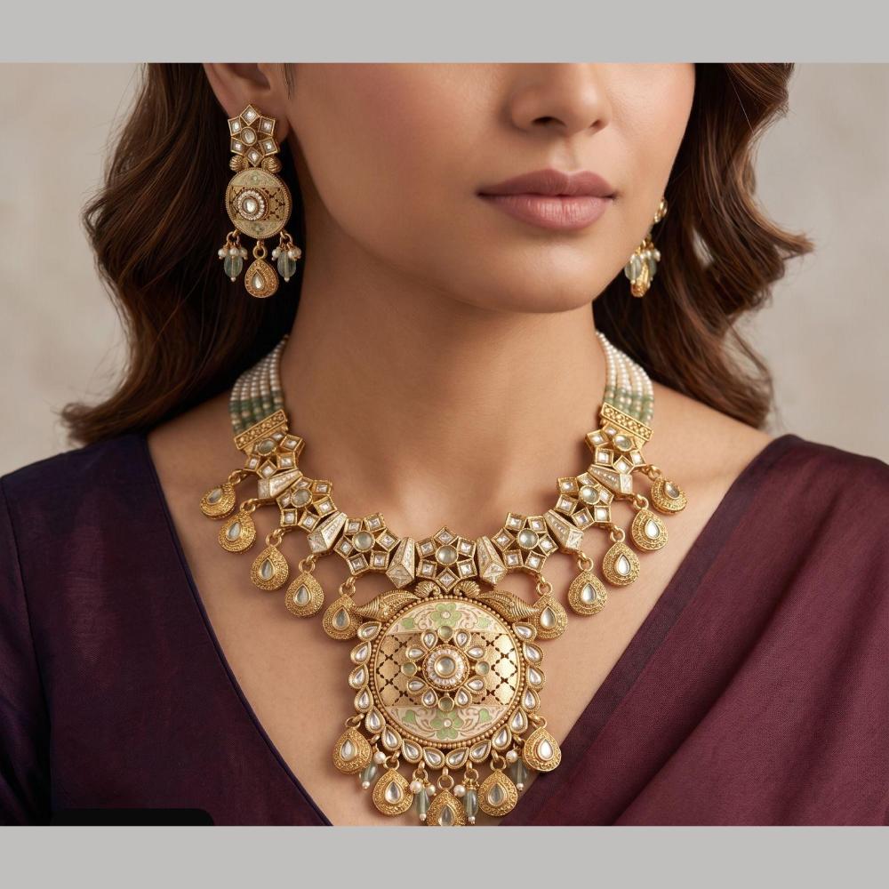 Manisha Jewellery Premium Pota Stone And Pearl Meenakari Necklace Set