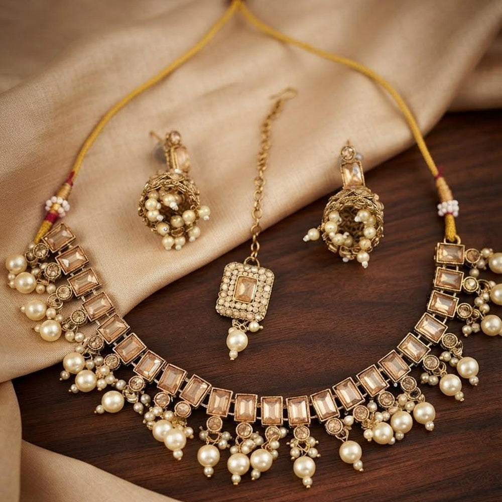 Manisha Gold Plated  Crystal Stone And Beads Necklace Set