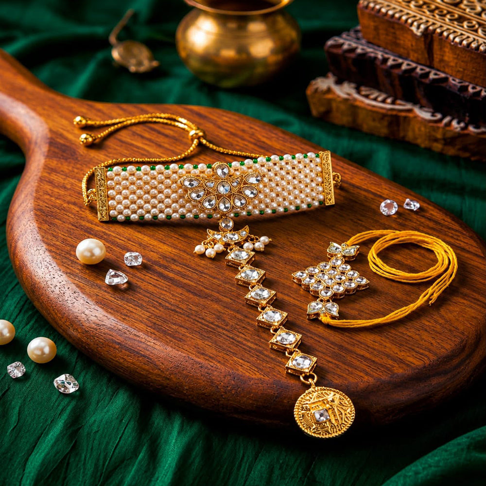 Manisha Jewellery Bhaiya And Bhabhi Kundan Stone Rakhi Combo
