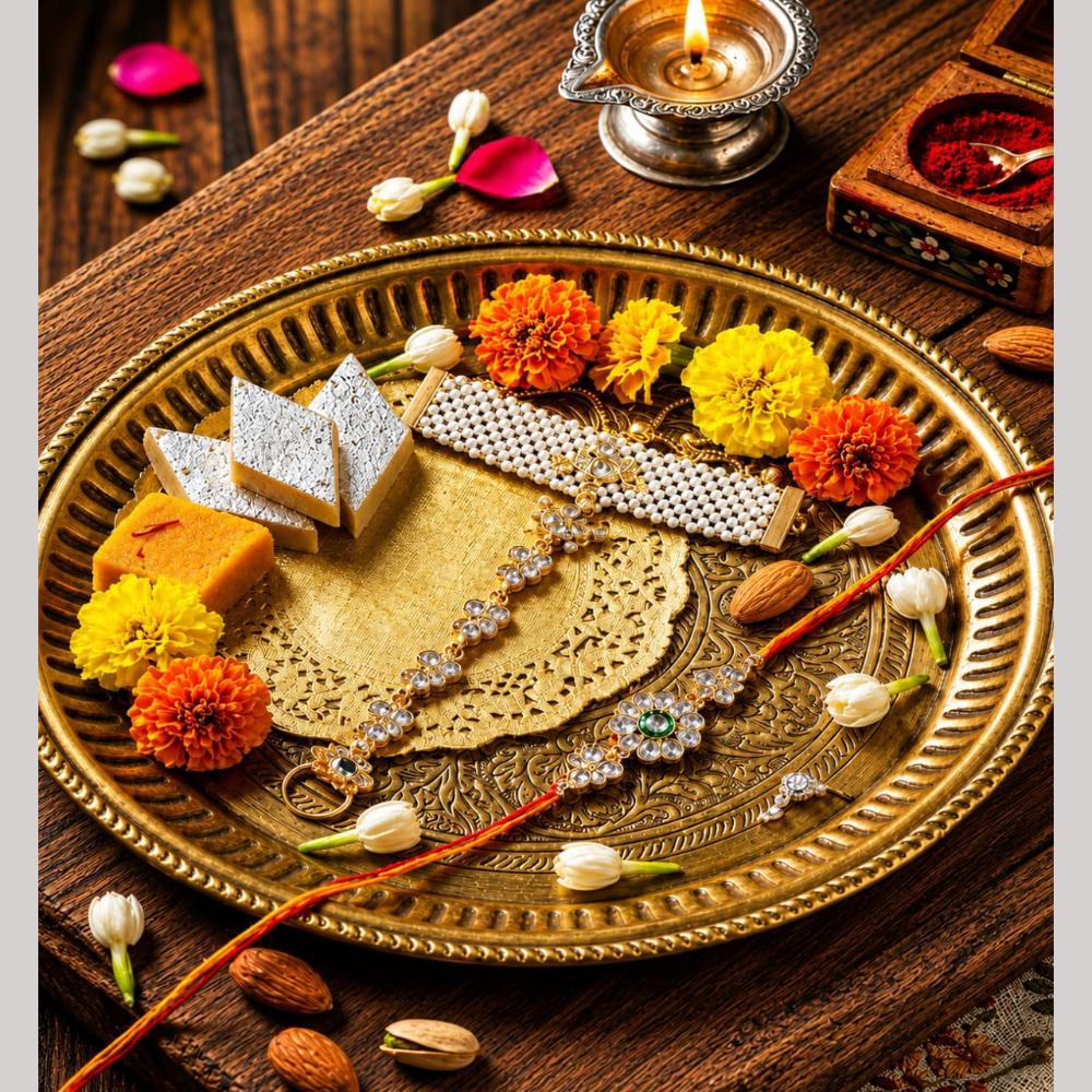 Manisha Jewellery Bhaiya And Bhabhi Kundan Stone Rakhi Combo