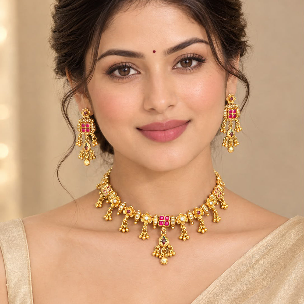 Manisha Jewellery Classic Pota Stone And Pearl Choker Necklace Set