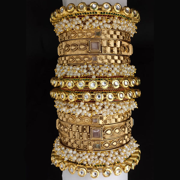 Lucentarts Jewellery Gold Plated Kundan And Pearl Bangles Set