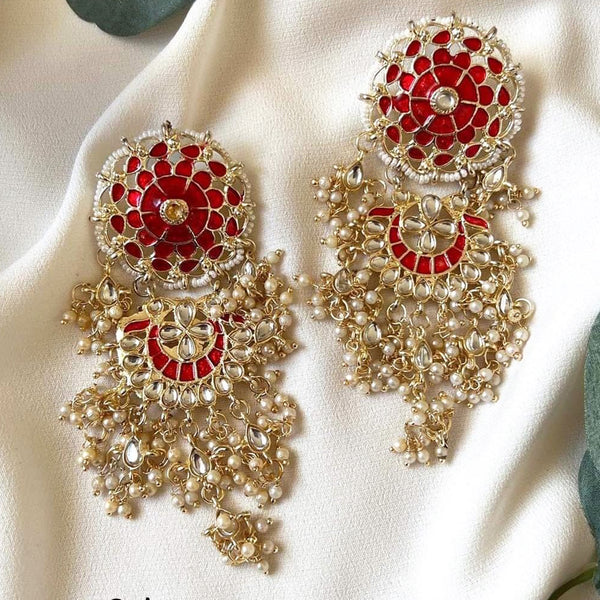 Lucentarts Jewellery Gold Plated Pearls And Meenakari Dangler Earrings
