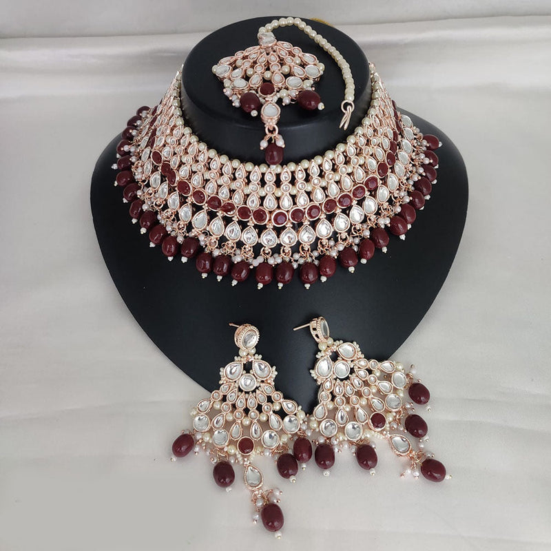 Lucentarts Jewellery Rose Gold Plated Kundan Stone And Pearls Choker Necklace Set