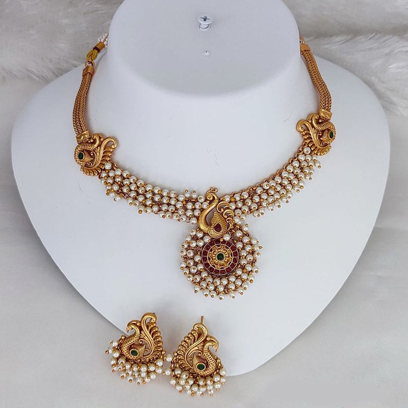 Lucentarts Jewellery Gold Plated Pearls Temple Choker Necklace Set