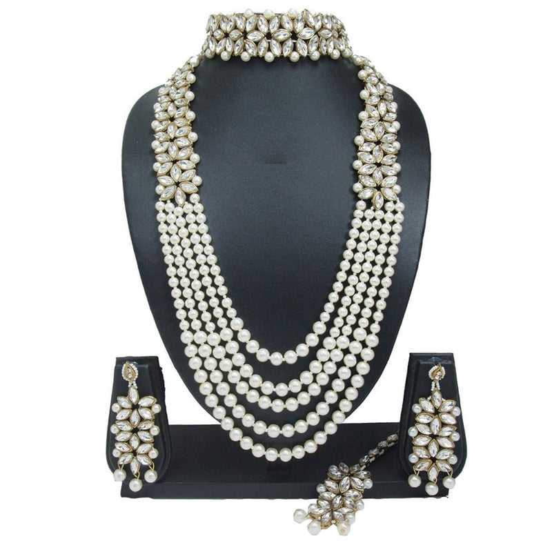 Lucentarts Jewellery Gold Plated Crystal Stone And Pearls Double Necklace Set