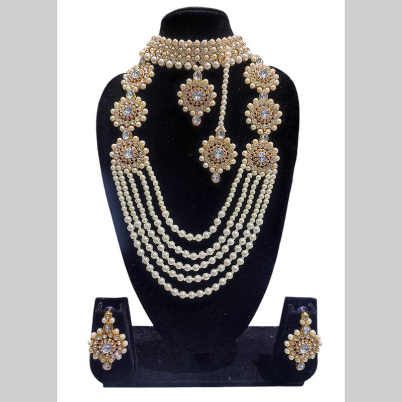 Lucentarts Jewellery Gold Plated Crystal Stone And Pearls Double Necklace Set