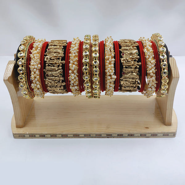 Lucentarts Jewellery Gold Plated Kundan And Pearl  Bridal Bangles Set