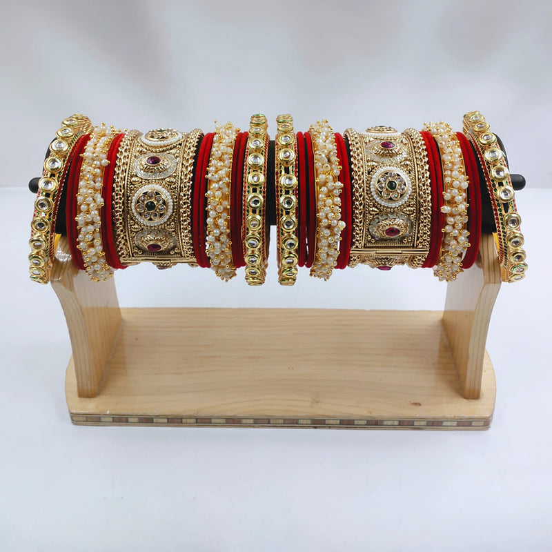 Lucentarts Jewellery Gold Plated Kundan And Pearl  Bridal Bangles Set