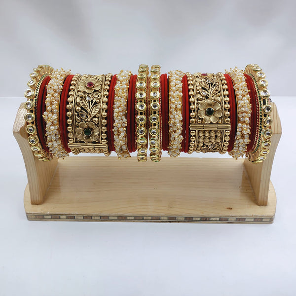 Lucentarts Jewellery Gold Plated Kundan And Pearl  Bridal Bangles Set