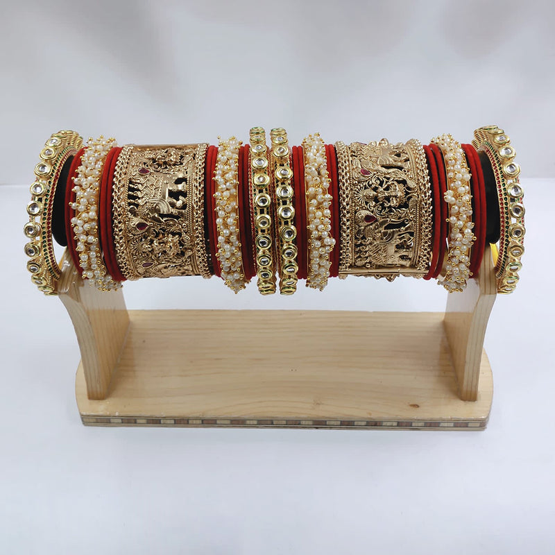 Lucentarts Jewellery Gold Plated Kundan And Pearl  Bridal Bangles Set